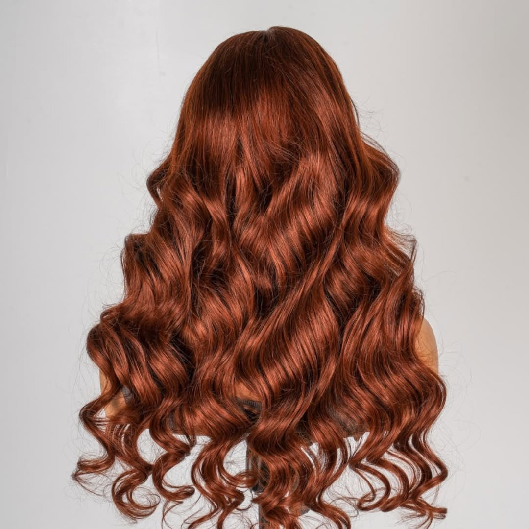 Copper auburn loose body wave wig back view